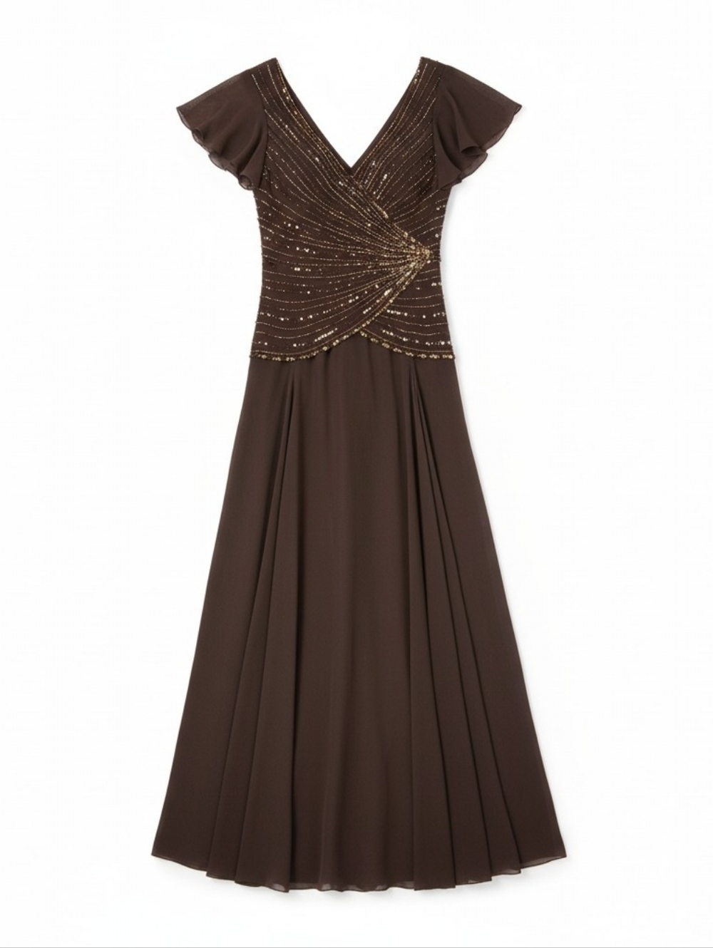 NEW Y2K Jkara 16 Brown Gold Beaded Formal Dress Sheer Flutter Glam India
